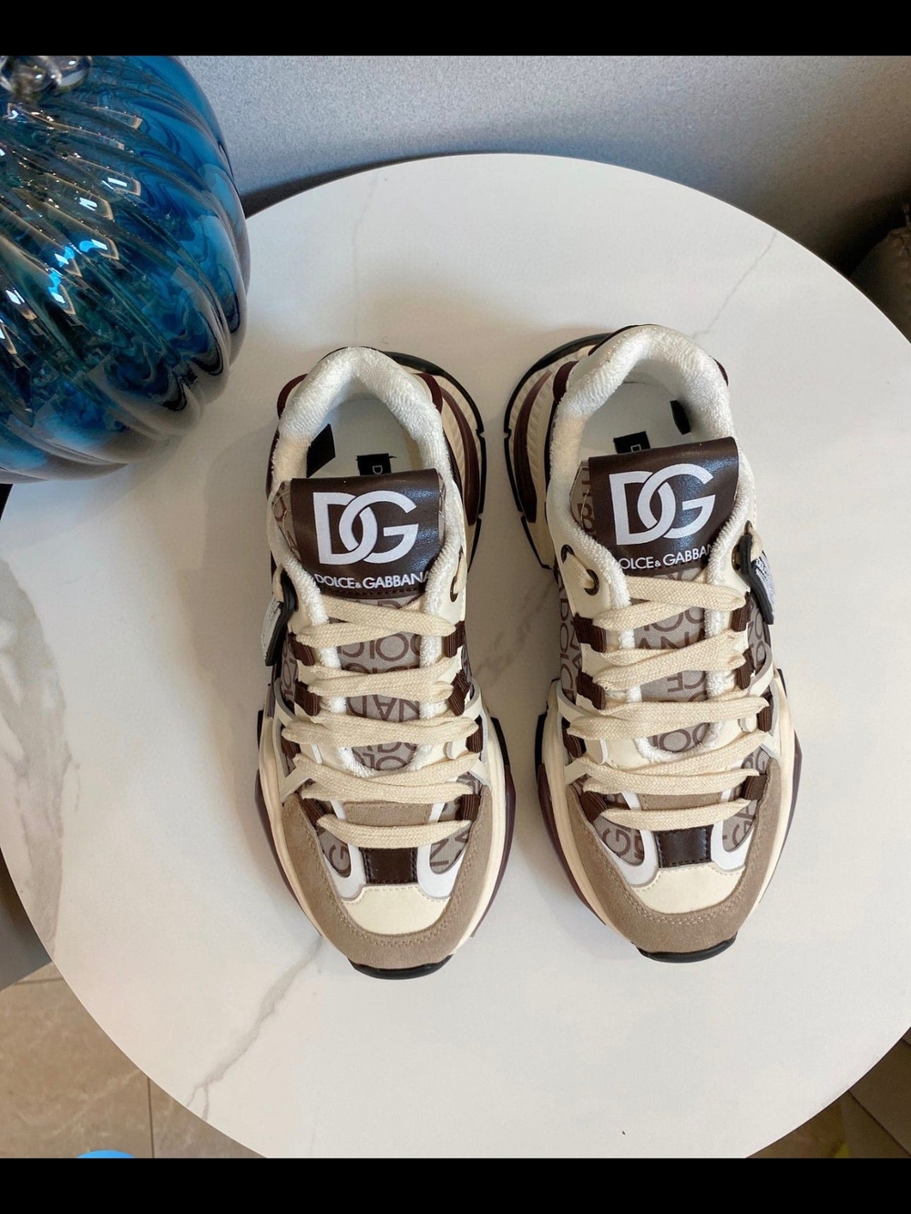 Dolce & Gabbana Cream and Brown Logo Panel Women’s Sneakers